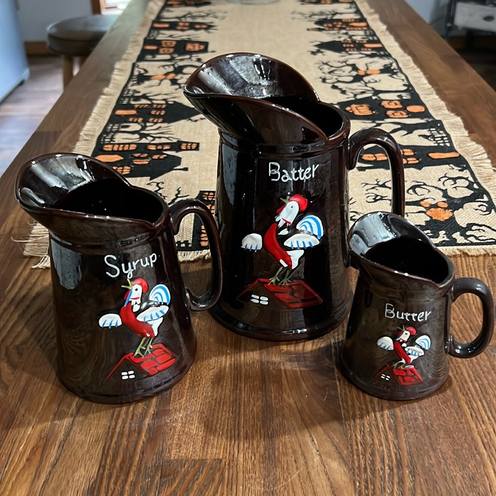 Vintage Redware 1950s pancake batter set with rooster design